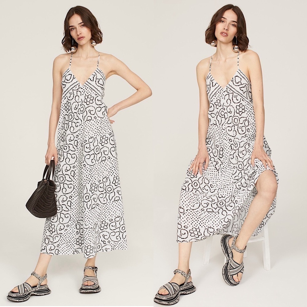 XIRENA Floral Geo Dot Cotton V-Neck Sleeveless Tassel Tie Open Back Maxi Dress M